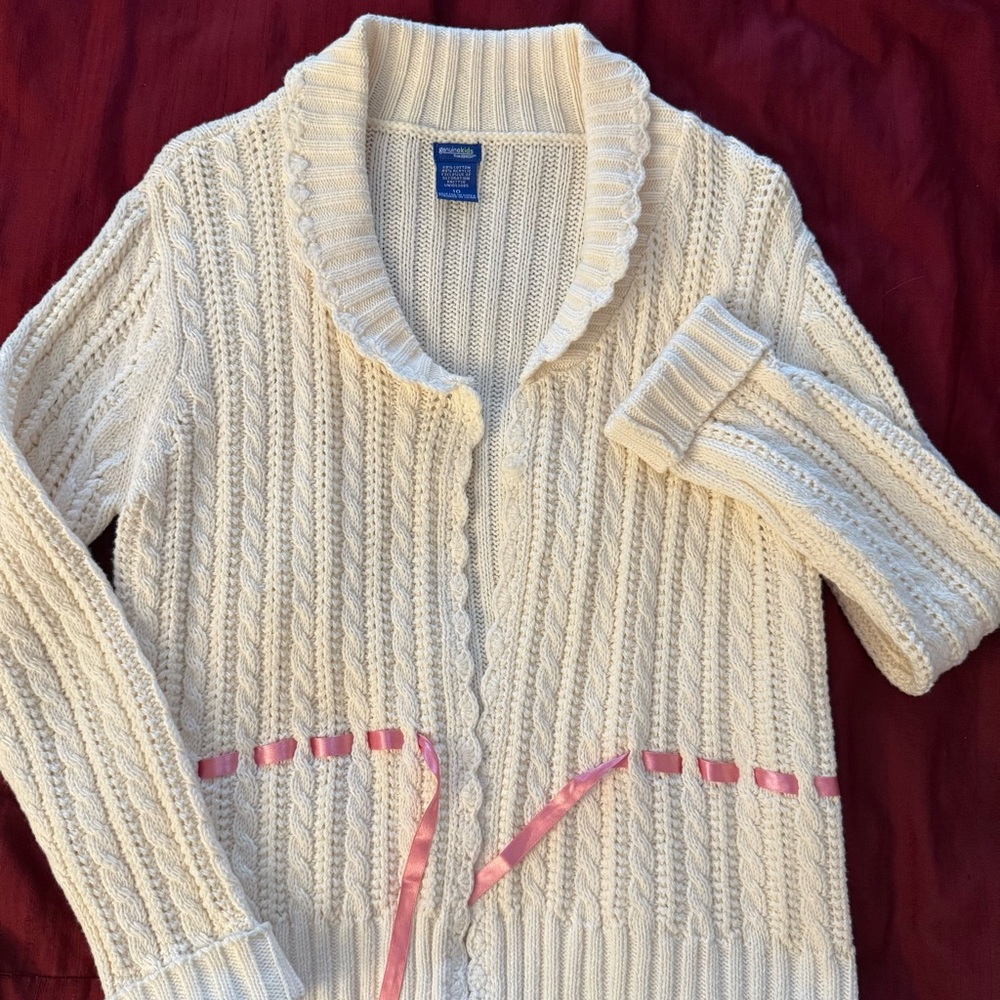 Lovely White Cable Knit Sweater with Pink Ribbon Detail